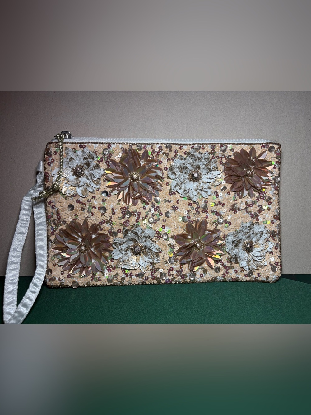Charming Charlie Floral Sequin Wristlet Clutch - Nude, White